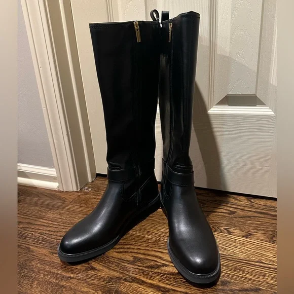 Vince Camuto Black Knee-High Riding Boots with Gold Buckle Alney - Picture 4 of 5